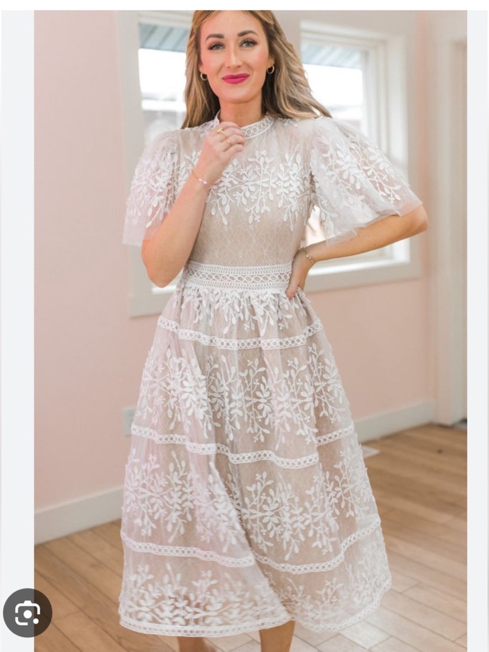 Ivy City Co White Lace Midi Dress with Floral Embroidery